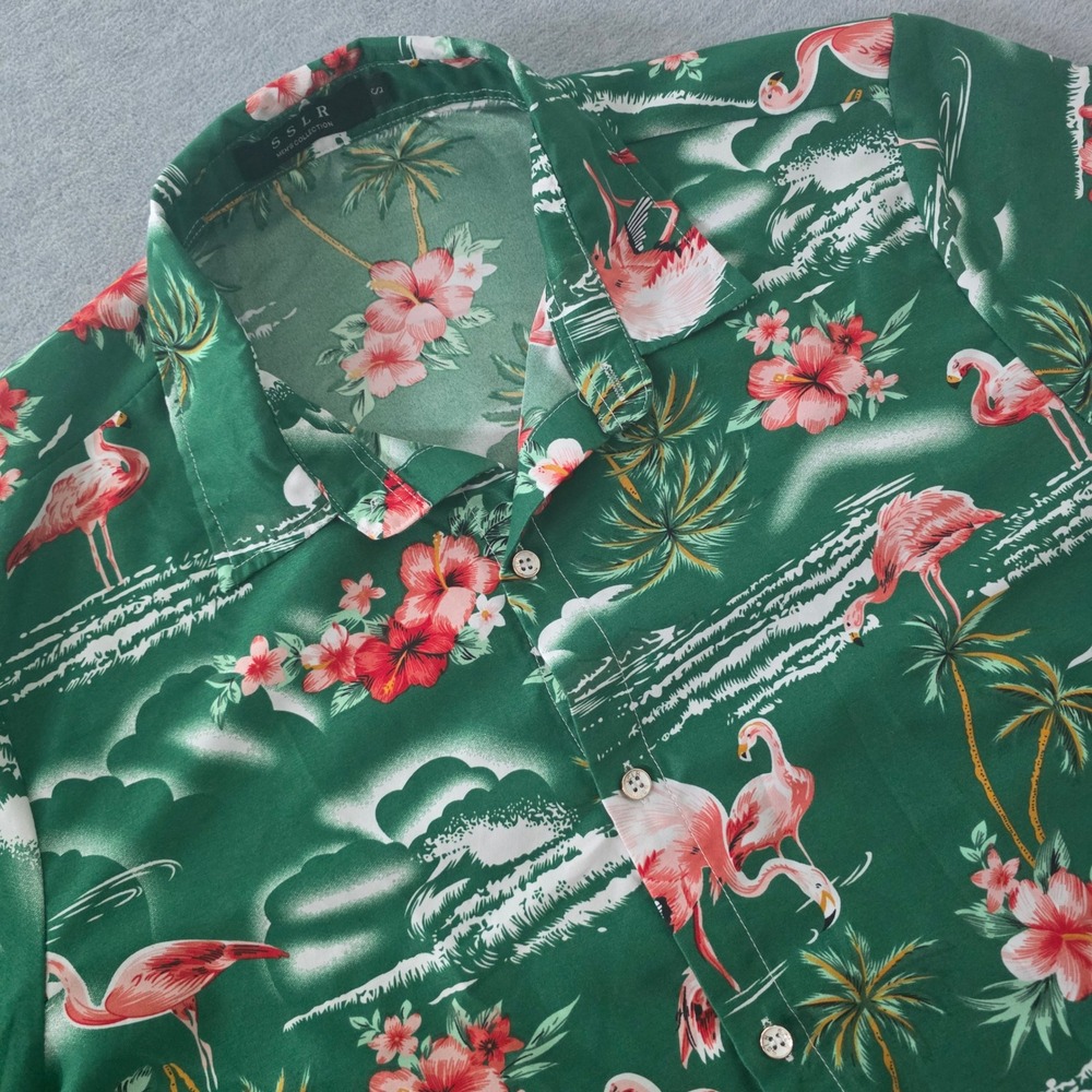 SSLR Mens Green Flamingo Hibiscus Hawaiian Shirt Small Tropical Button Down